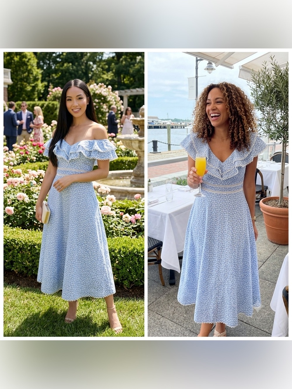 Champagne and Strawberry Fit &Flare Eyelet Ruffle Light Blue Midi Dress Size M - Picture 3 of 13